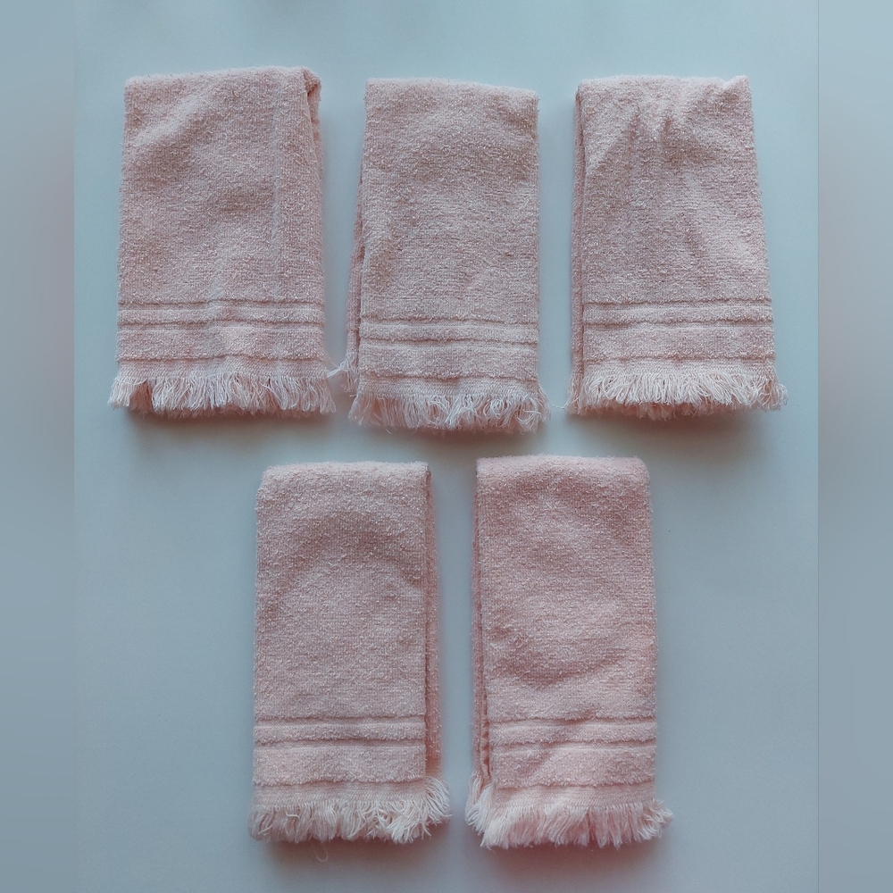 Vintage CANNON Fingertip Hand Towels Fringe Blush Pink Cottagecore 5 Pc Cotton